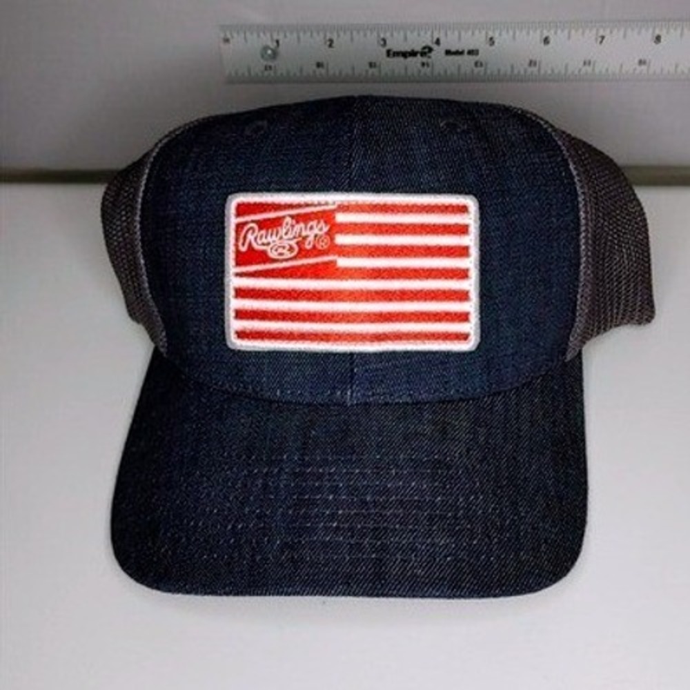 Rawlings American Flag Denim Trucker Hat Yupoong 110 Flexfit Snapback Blue Grey